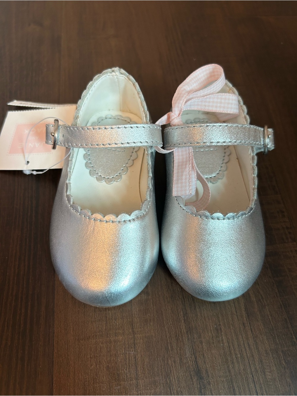 Janie and Jack Silver Metallic Mary Jane Shoes with Pink Ribbon